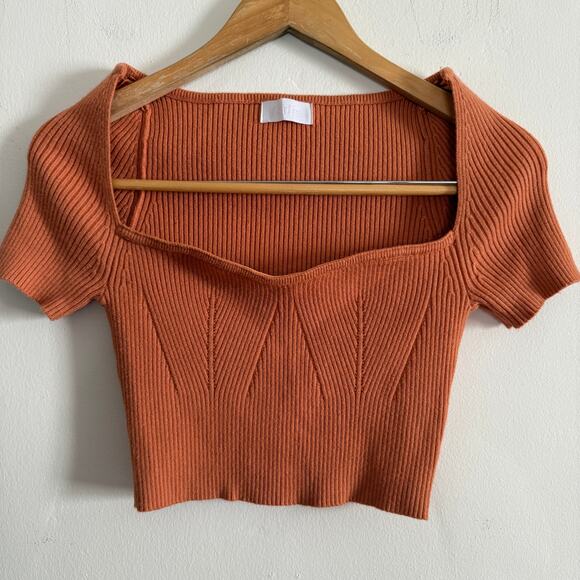 Isalis Sweaters - ISALIS Burnt Orange Square Neck  Cropped Short Sleeve Ribbed Sweater Medium